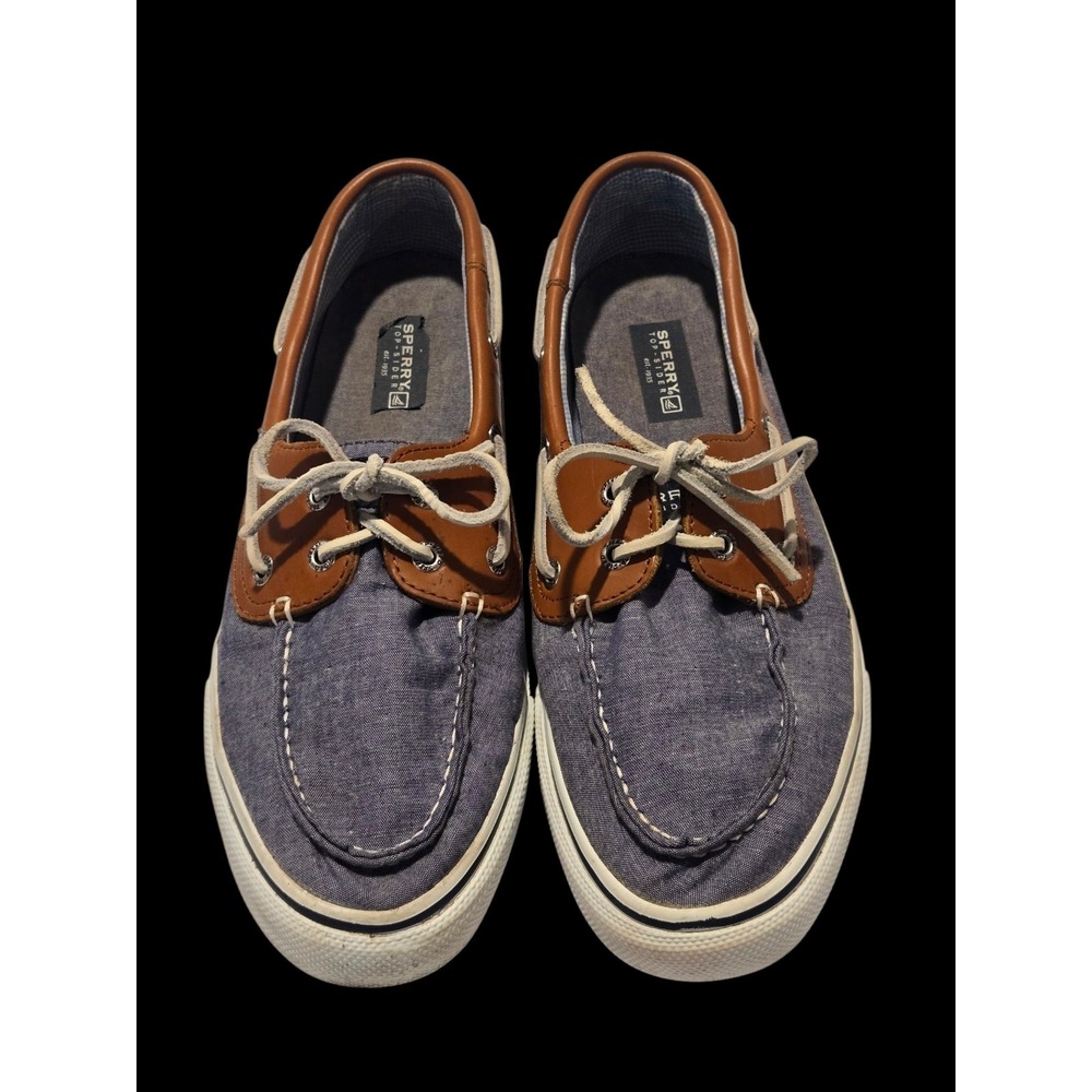 Sperry Top-Sider Mens Blue Chambray Canvas Brown Leather Boat Shoes Loafers